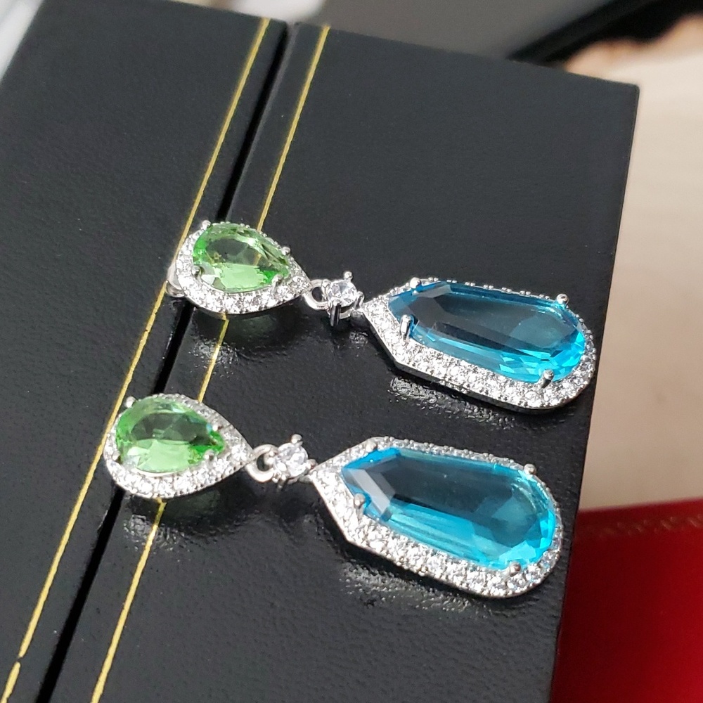 Sterling Silver 925 Aquamarine Peridot Dangle Earrings - Picture 3 of 12
